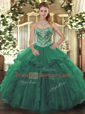 Green Sleeveless Floor Length Beading and Ruffles Lace Up Quinceanera Gown