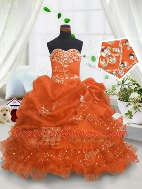 Nice Sleeveless Organza Floor Length Lace Up Kids Pageant Dress in Orange with Beading and Ruffled Layers and Pick Ups