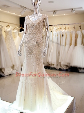 Elegant Champagne Tulle Backless Prom Party Dress Cap Sleeves Brush Train Beading