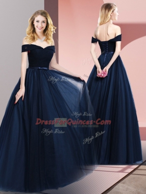 Customized Floor Length A-line Sleeveless Navy Blue Prom Party Dress Lace Up
