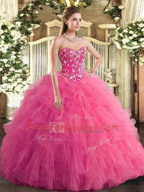 Noble Hot Pink Ball Gowns Sweetheart Sleeveless Tulle Lace Up Embroidery and Ruffles Sweet 16 Dress
