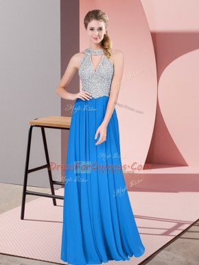 Popular Empire Prom Dresses Blue High-neck Chiffon Sleeveless Floor Length Zipper