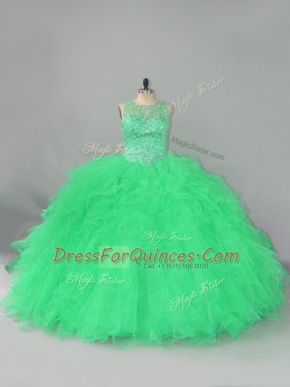 Great Turquoise Tulle Lace Up Scoop Sleeveless Floor Length Sweet 16 Dress Beading and Ruffles