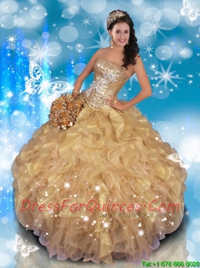 Fashionable Strapless Beading and Ruffles Quinceanera Gowns in Champagne