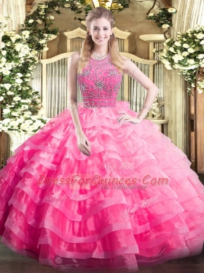 Sleeveless Floor Length Beading and Ruffled Layers Zipper Sweet 16 Dresses with Rose Pink
