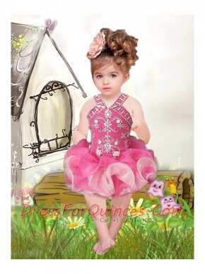 2014 Pretty Straps Hot Pink Little Girl Dress with Beading and Ruffles