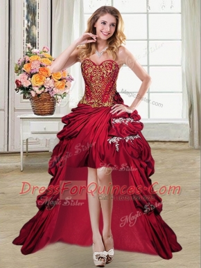 Fine Sweetheart Sleeveless Prom Evening Gown High Low Beading and Appliques and Pick Ups Wine Red Taffeta