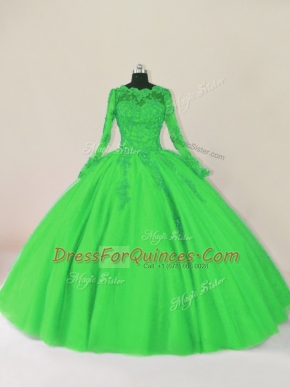 Graceful Floor Length Green Sweet 16 Dresses Tulle Long Sleeves Lace