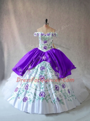 Floor Length Ball Gowns Sleeveless White And Purple Quince Ball Gowns Lace Up