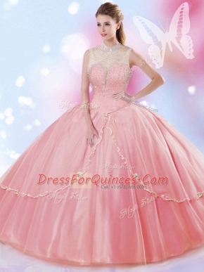 Cheap Floor Length Watermelon Red Quinceanera Dress High-neck Sleeveless Lace Up