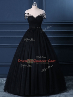Wonderful Ball Gowns Prom Dress Black Scoop Tulle Short Sleeves Floor Length Side Zipper