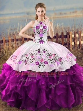 Chic White And Purple Ball Gowns Halter Top Sleeveless Organza Floor Length Lace Up Embroidery and Ruffles Ball Gown Prom Dress