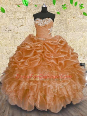 Orange Ball Gowns Beading and Appliques and Ruffles and Sequins Quince Ball Gowns Lace Up Organza Sleeveless Floor Length