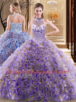 High Quality Fabric With Rolling Flowers Halter Top Sleeveless Brush Train Lace Up Beading Quinceanera Gown in Multi-color