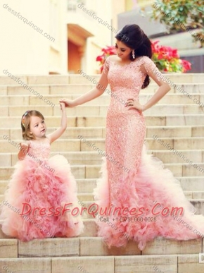 2016 Exclusive Column Long Sleeves Prom Dress with Brush Train and Affordable Ruffled and Laced Little Girl Dress in Watermelon Red