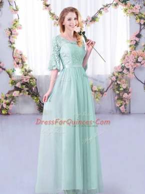 Glorious Empire Quinceanera Dama Dress Light Blue Scoop Tulle Half Sleeves Floor Length Side Zipper