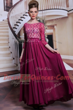 3 4 Length Sleeve Floor Length Lace and Sequins Zipper Prom Dresses with Fuchsia