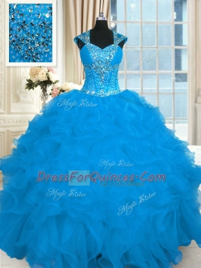 Extravagant Ball Gowns Ball Gown Prom Dress Aqua Blue Straps Organza Cap Sleeves Floor Length Lace Up