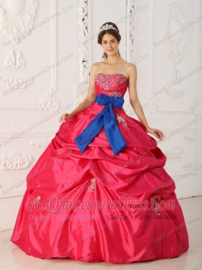 Coral Red Ball Gown Strapless Floor-length Taffeta Beading and Sash Quinceanera Dress