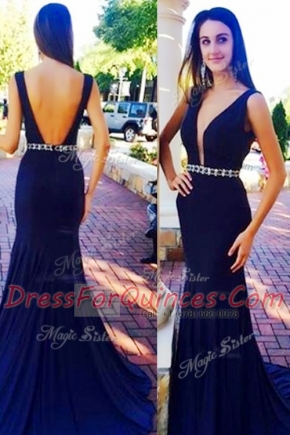 Sleeveless With Train Beading Backless Prom Dress with Navy Blue Sweep Train