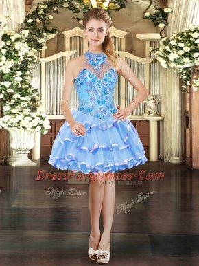 Organza Halter Top Sleeveless Lace Up Embroidery and Ruffled Layers Dress for Prom in Light Blue