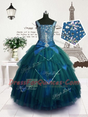 Teal Lace Up Straps Beading and Belt Little Girls Pageant Gowns Tulle Sleeveless