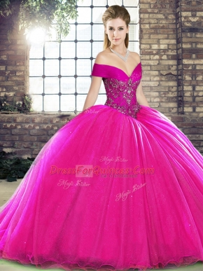 Luxurious Sleeveless Organza Brush Train Lace Up Sweet 16 Dresses in Fuchsia with Beading