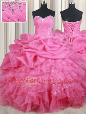 Most Popular Rose Pink Sleeveless Beading and Ruffles and Pick Ups Floor Length Quinceanera Dresses