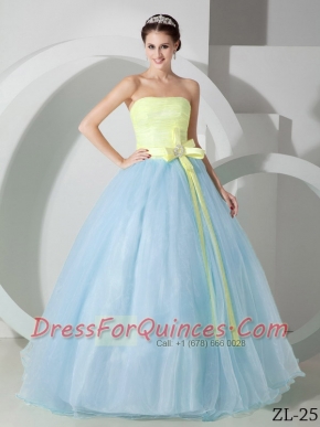 2014 Ball Gown Strapless Light Blue and Yellow Cheap Quinceanera Dresses