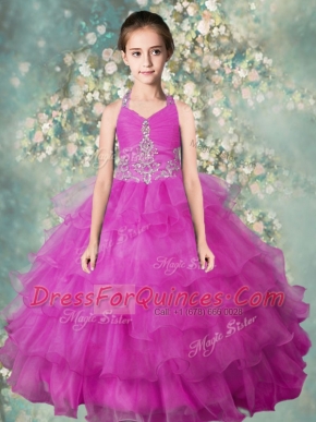 Sexy Halter Top Fuchsia Organza Zipper Kids Pageant Dress Sleeveless Floor Length Beading and Ruffled Layers