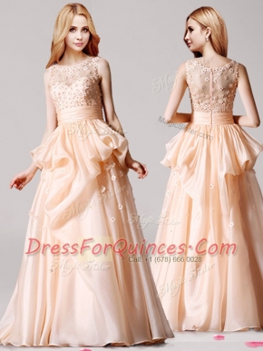 Wonderful Champagne Evening Dress Prom and For with Appliques and Pick Ups Scoop Sleeveless Zipper