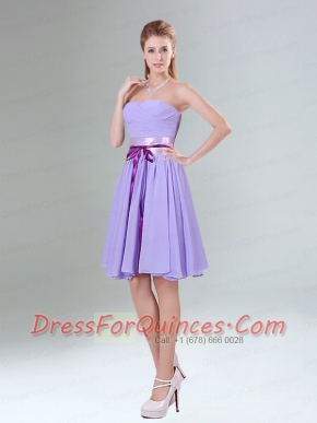 Decent Lavender Ruched Mini Length Dama Dress with Bowknot Sash