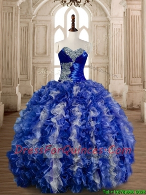 Gorgeous Beaded Bust and Ruffled Quinceanera Dress in Blue and White