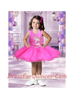 Cute Short Scoop Appliques and Beading Little Girl Dress for 2014