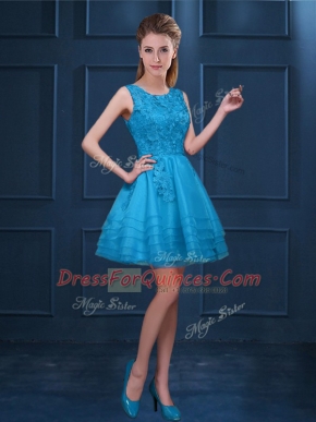 A-line Quinceanera Dama Dress Baby Blue Scoop Tulle Sleeveless Knee Length Zipper