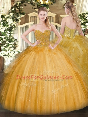 Adorable Sleeveless Tulle Floor Length Lace Up Sweet 16 Dress in Gold with Lace