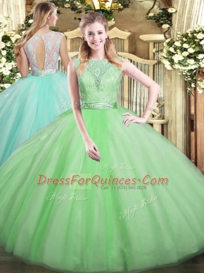 Fashionable Floor Length Backless Sweet 16 Dress Apple Green for Military Ball and Sweet 16 and Quinceanera with Lace
