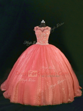Sleeveless Floor Length Beading and Lace Lace Up Ball Gown Prom Dress with Orange