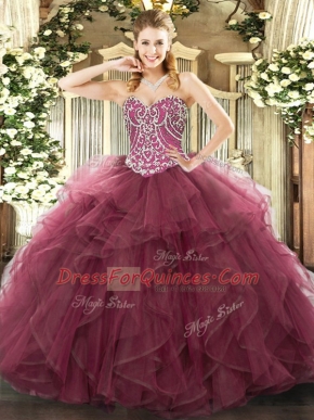 Burgundy Sleeveless Floor Length Beading and Ruffles Lace Up 15 Quinceanera Dress