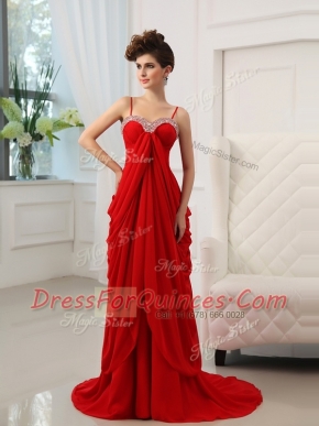 Fashionable Red Spaghetti Straps Zipper Beading and Ruching Prom Party Dress Brush Train Sleeveless