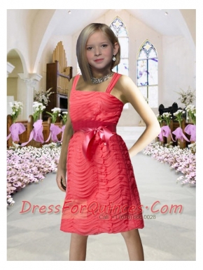 Pretty Column Straps Knee-length Flower Girl Dress wuth Sashes