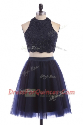 Pretty Halter Top Knee Length Navy Blue Homecoming Dress Tulle Sleeveless Appliques