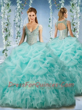 Beaded and Ruffled Aqua Blue Quinceanera Dress with Beaded Decorated Cap Sleeves