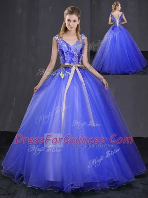Floor Length Ball Gowns Sleeveless Royal Blue Quinceanera Gown Lace Up