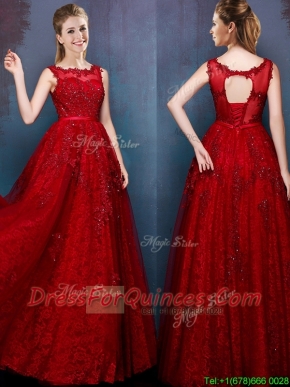 See Through Scoop Wine Red Prom Dress with Beading and Appliques