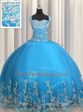 Baby Blue Ball Gowns Sweetheart Sleeveless Organza Floor Length Lace Up Beading and Appliques Quince Ball Gowns