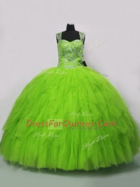 Glorious Tulle Lace Up Straps Sleeveless Floor Length Ball Gown Prom Dress Beading and Ruffles