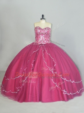 Stunning Beading and Sequins Quinceanera Dress Red Lace Up Sleeveless Brush Train