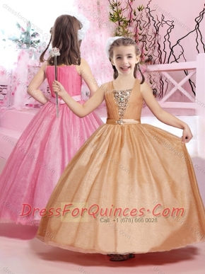 Beautiful Straps Beaded and Belted Champagne Mini Quinceanera Dresses with Ankle Length