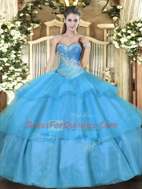 Aqua Blue Ball Gowns Tulle Sweetheart Sleeveless Beading and Ruffled Layers Floor Length Lace Up Quinceanera Gowns